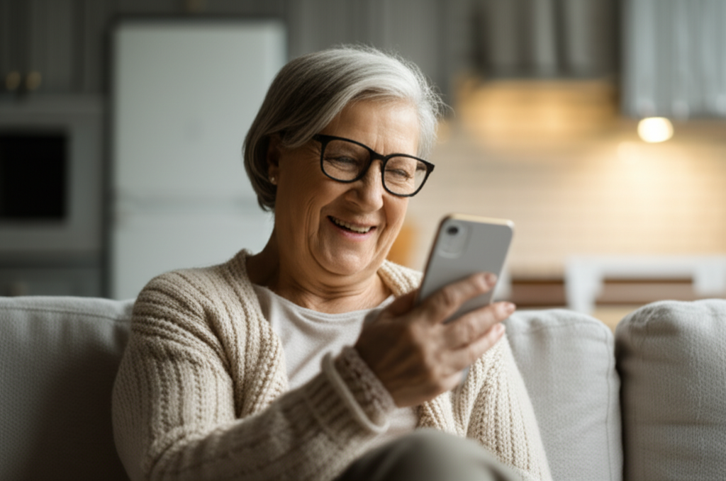 Grandmother smiling at phone